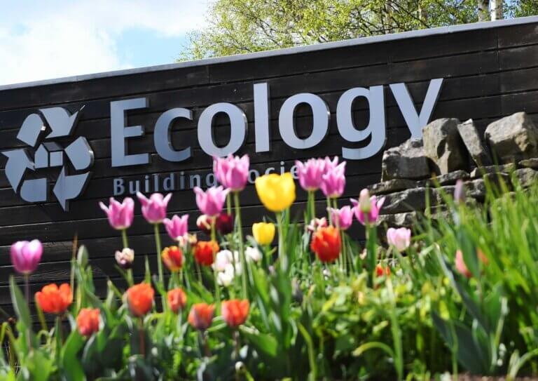 Ecology Building Society permaculture garden colourful tulips in bloom