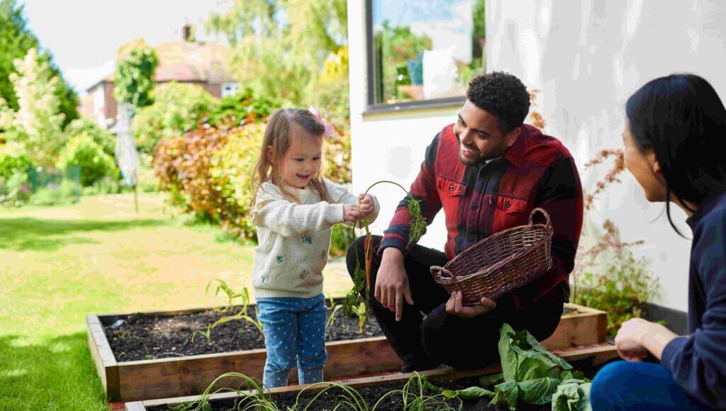 Father with young daughter and wife at their vegetable patch at their family home purchased with an Ecology mortgage.