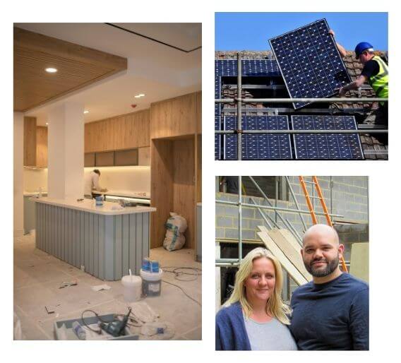 An energy efficient kitchen renovation in progress, with ceiling spotlights and wood panelling. Workmen fitting solar panels on a roof against clear blue skies. Couple, Daryl and Hannah, Ecology Mortgage Members, pictured outside their derelict renovation project