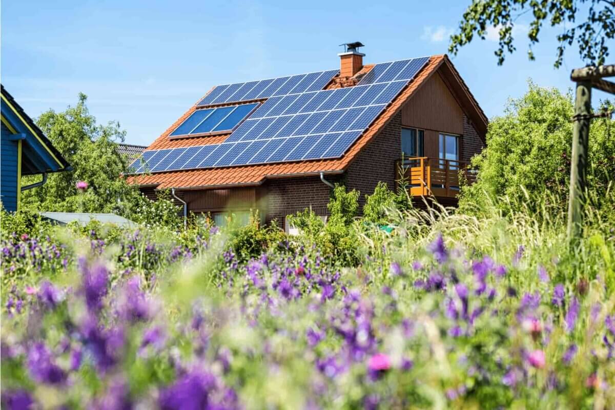 A view of an eco-friendly home from a wild flower meadow, with renewable solar panels on the roof